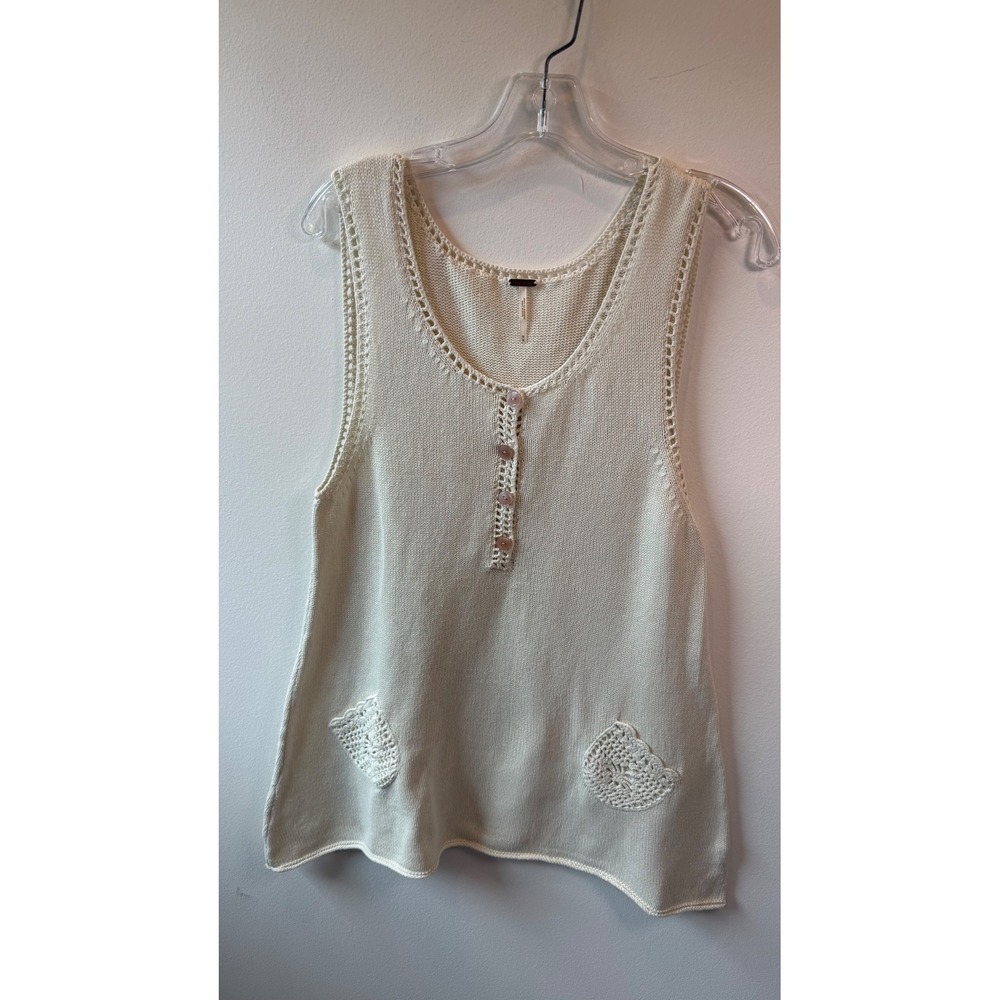 Free People Cream Knit Henley Sleeveless Dress Crochet Heart Pockets Medium